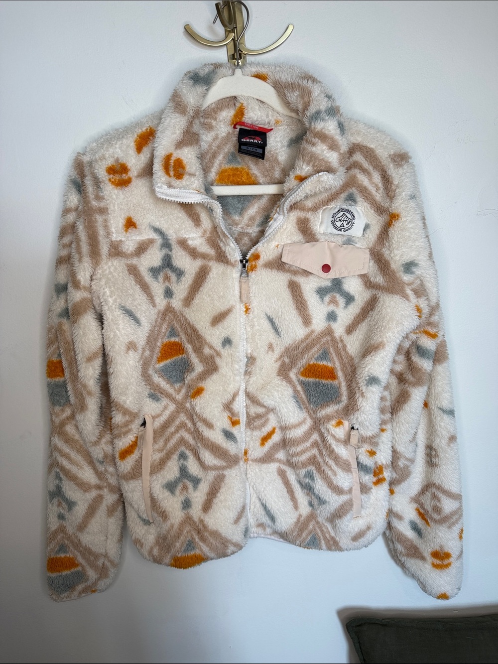 Gerry Weber Cream Taupe Gray & Mustard Patterned Fleece Ski Jacket